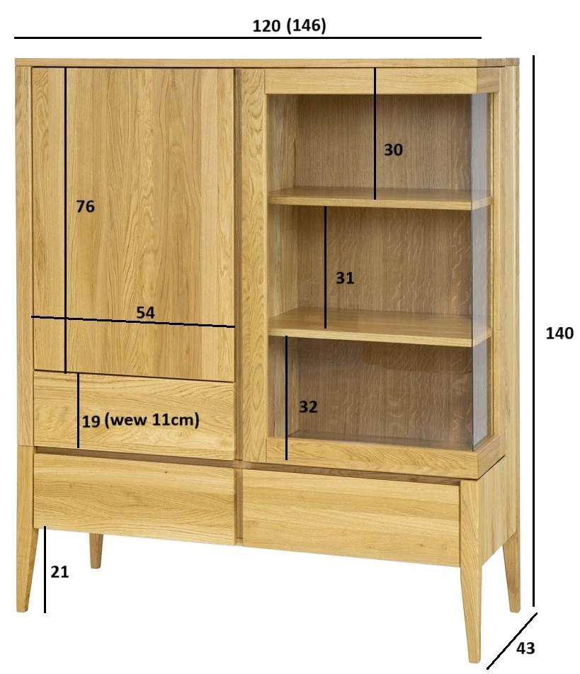 Drewmax KW337 dřevěná vitrína prosklená masiv dub